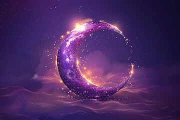 Purple background with crescent moon and 'Eid Mubarak' and 'Ramadan Kareem' greetings. Perfect for celebrating and wishing others during Islamic holidays.