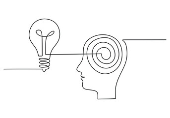 Wall Mural - head with light bulb symbol idea. thinking concept. vector illustration minimalist design hand drawn