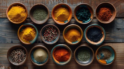 Aufkleber - A top-down view of colorful spices in ceramic bowls on a rustic wooden surface. Generative AI