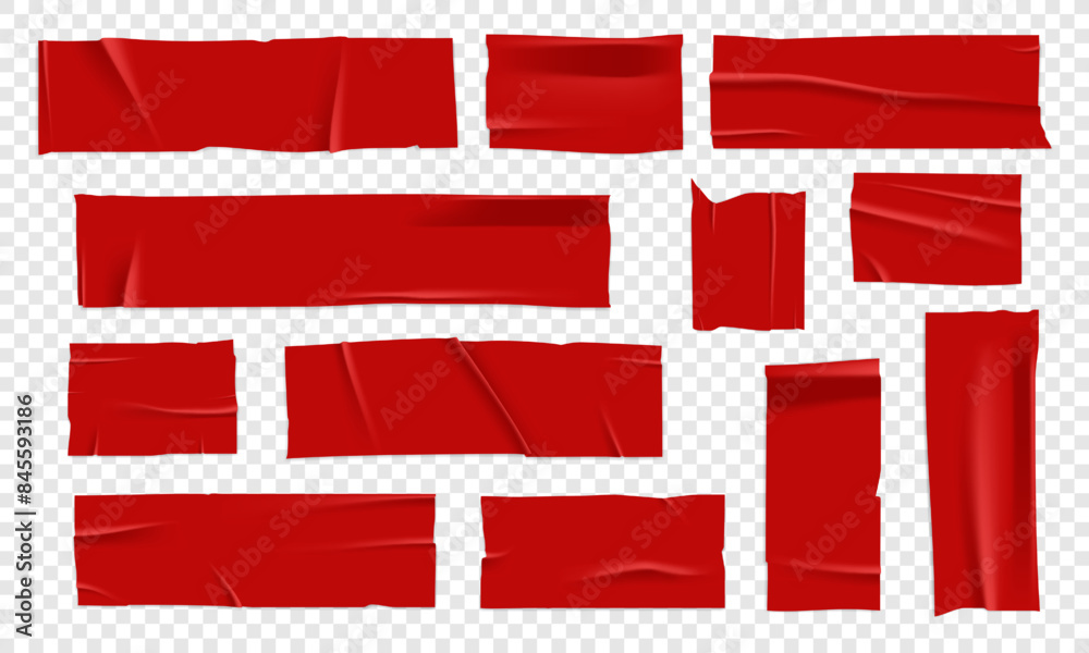 Vector set of 3D realistic red adhesive tape. Torn pieces of masking ...