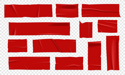 Vector set of 3D realistic red adhesive tape. Torn pieces of masking tape isolated on transparent background. PNG duct tape.