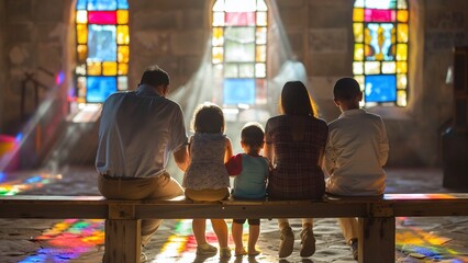 Family in Serene Small Church: Peace and Faith on a Weathered Wooden Bench