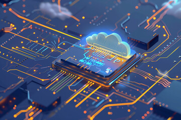 High-Tech Cloud Computing on a Circuit Board
 A futuristic depiction of cloud computing technology, featuring a glowing cloud icon integrated into a high-tech circuit board