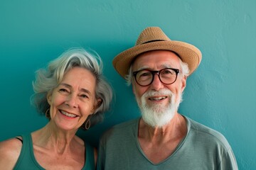Wall Mural - Portrait of a joyful caucasian couple in their 50s donning a trendy cropped top over pastel teal background