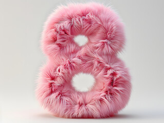 a large, soft, pink fuzzy number 8 with a hole in the middle, standing upright against a white background.