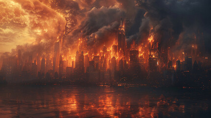 Burning inferno engulfing a cityscape, creating a dramatic scene