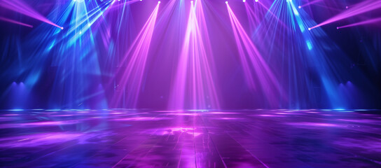 Poster - Modern dance stage with purple and blue lights, spotlight shining down on the dark floor, creating an atmosphere of celebration for music or party. High resolution photography with photo realistic det