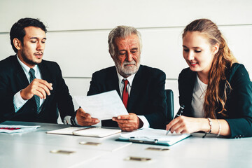 Wall Mural - Senior old executive manager working with young businesspeople in office meeting room. Old man is company leader sitting with secretary and translator. International corporate business concept. uds