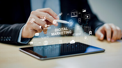 Wall Mural - digital marketing and financial business data analytics technology concept. global website adertisem