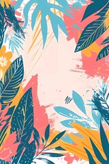 Wall Mural - Summer banner template, frame with tropical leaves,monstera, palm tree. Hello summer. Space for text.Poster, template for social media, banner, postcard. Cartoon illustration