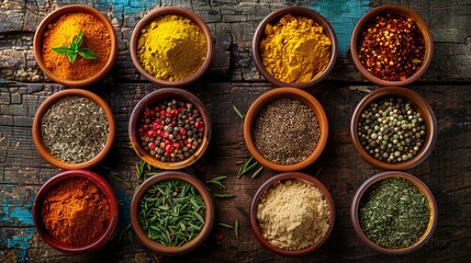 Poster - Top-down view of colorful spices in ceramic bowls arranged on a rustic wooden table. Generative AI