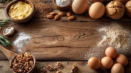 Wall Mural - overhead shot of a kitchen wooden counter, light wood grain, luxury, natural lighting, horizontal grain, with kitchen ingredients for a cake on the side