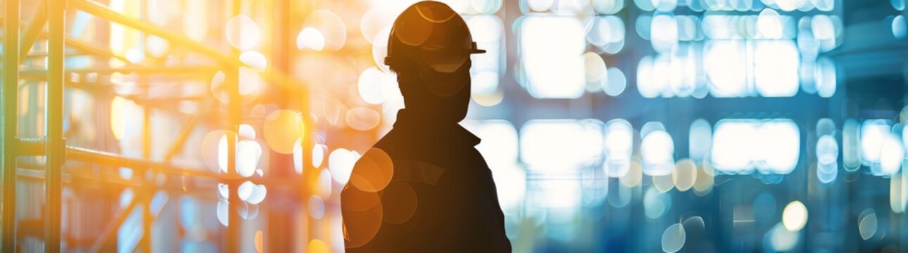 Photo of silhouette engineer working in industry with blurred background, bokeh effect, copy space concept banner for industrial business and safety poster