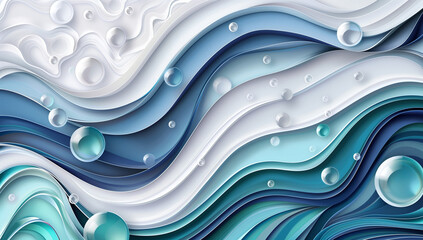 Poster - Abstract background with waves and bubbles in blue, white and teal colors. In the style of paper cut art. Illustration for design of greeting cards, posters or other creative projects. Paper quilling,