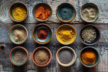 Poster - A top-down view of various colorful spices in beautiful ceramic bowls arranged on a rustic wooden surface. The spices include turmeric, paprika, cumin, and coriander. Generative AI