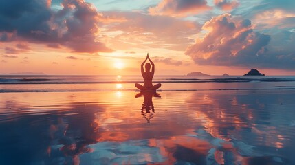 Poster - Silhouetted Yoga Pose Reflecting on Serene Sunset Beach Scenery