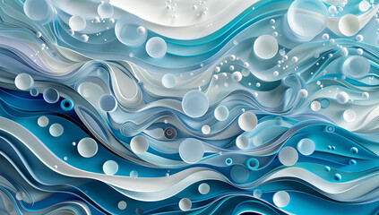 Poster - Abstract background with waves and bubbles in blue, white and gray colors. Paper quilling art style in the style of high resolution