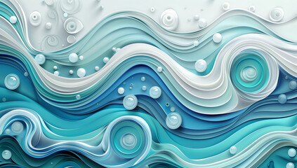 Poster - Abstract paper art background with ocean waves and bubbles, light blue and white colors, 3d illustration style, high resolution, detailed design, textured background, water drops, watercolor painting,
