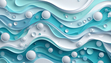 Poster - Abstract background with paper cut waves and bubbles, illustration. The design is made in shades of blue, white, gray, light green, turquoise, sea foam color, white background, high detail, high resol