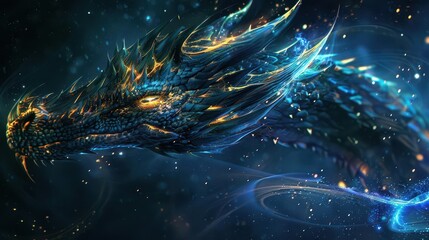 majestic fantasy dragon with glowing lights on black background digital illustration