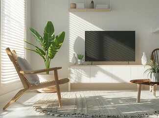 Wall Mural - Modern living room interior with a white cabinet and TV set on the wall, beige carpet floor, wooden armchair and coffee table near the window with blinds