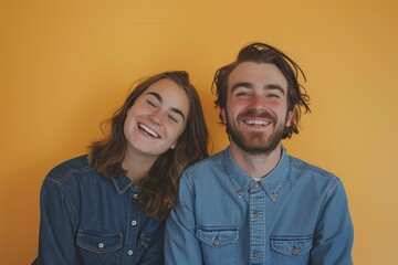 Wall Mural - Portrait of a grinning couple in their 20s sporting a versatile denim shirt on soft orange background