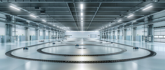 Poster - A wide-angle photo of an empty high-tech warehouse with white floors and gray walls, with three large circular tracks for electric vehicles on the floor. The track has black grooves from cars driving 