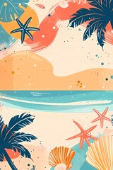 Wall Mural - Summer sea banner template, frame with tropical leaves,monstera, palm tree, seashells, starfish. Hello summer. Space for text.Poster, template for social media, banner, postcard. Cartoon illustration