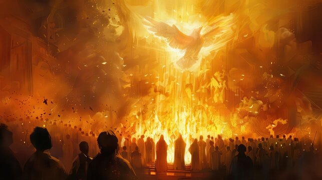 pentecost scene with people gathered before burning fire and white dove digital religious painting