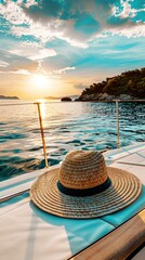 Wall Mural - A straw hat lies on the deck of an elegant yacht, against the backdrop of sea and sky at sunset