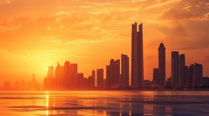 Wall Mural - stunning abu dhabi skyline at sunset showcasing modern architecture and skyscrapers against a vibrant orange sky panoramic photo
