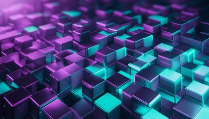 Wall Mural - Abstract wallpaper created from interlocking Purple and Turquoise Blocks. Futuristic 3D Render with copy-space.