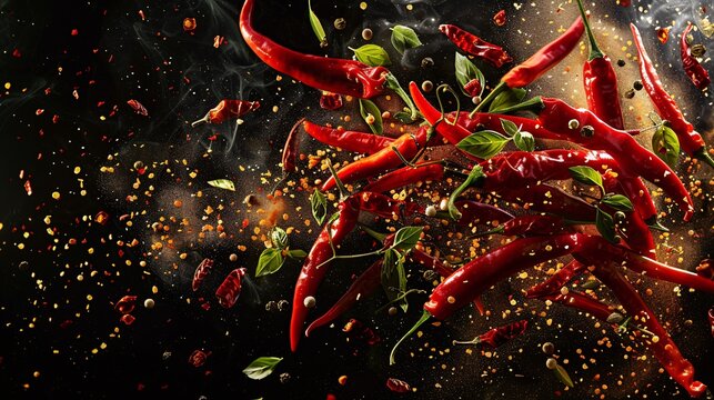 Hyper-speed slow motion capture of Mala dish soaring against black background, featuring vibrant red chili peppers, Sichuan peppercorns, and aromatic spices