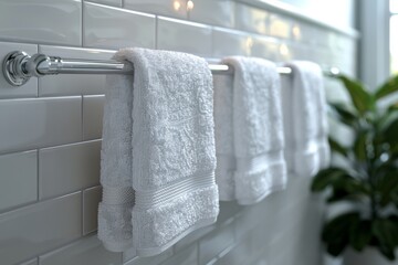 Close-up of clean white towel hanging in luxury bathroom.