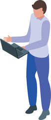 Poster - Young man in smart casual clothing is using a laptop, holding it in one hand and gesturing with the other
