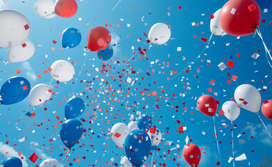 A sky filled with red, white, and blue balloons and confetti, capturing the spirit of celebration and festivity.