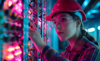 A woman wearing a hard hat and safety goggles working with electrical equipment in a vibrant, neon-lit environment, representing modern industrial work.