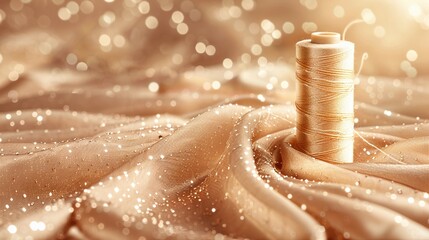 Golden thread spool with thimble on shiny chiffon material