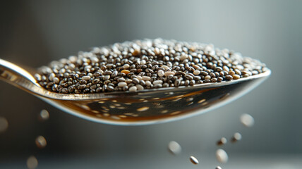 Wall Mural - Close-up of chia seeds on a spoon, with some seeds falling off.