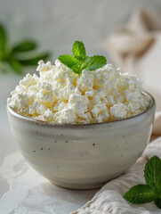 Wall Mural - Bowl of cottage cheese with mint leaves on top.