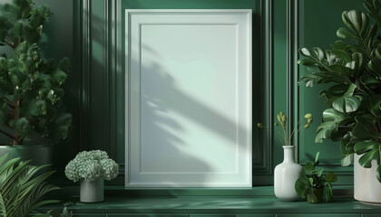 Poster - White vertical frame mockup on shelf, dark green room with plants and vase, minimalist design