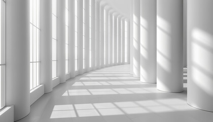 Poster - Bright white hallway with tall windows and cylindrical columns, casting long shadows on the floor