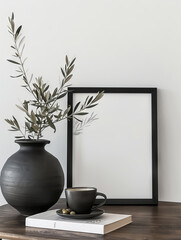 Aufkleber - A stylish scene with a black frame, a dark vase with branches, and a coffee cup on a wooden table