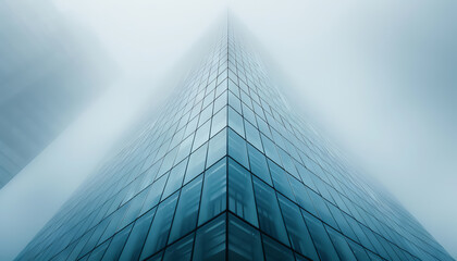 Poster - A modern skyscraper disappearing into the foggy sky, showcasing sleek glass architecture and vertical lines
