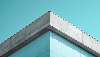 Poster - An architectural detail of a concrete building corner with a clear blue sky backdrop, emphasizing modern design
