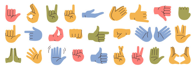 Gestures and hands showing non verbal elements of communication. Vector isolated prey symbol, thumb up and rock and roll, okay and peace, heart and first up. Waving and stop, pointing finger