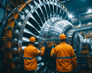 Poster - Focused Workers Inspecting Large Turbine in Advanced Energy Plant