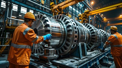 Poster - Workers Assembling Large Machinery in Factory with Teamwork and Precision