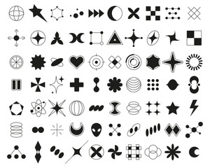 Poster - Abstract geometric brutalist y2k graphic elements for typography and design. Vector isolated set of flat geometry forms silhouettes. Circles and spirals, stars and triangles, cross and heart