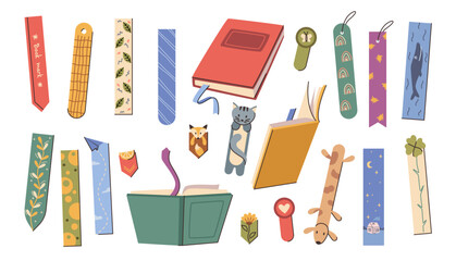 Poster - Bookmarks strips of paper or cardboard, leather or textile with colorful childish prints and decoration. Vector isolated set of decor for booklovers and bookworms, floral elements and animals